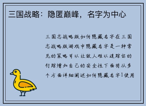 三国战略:隐匿巅峰,名字为中心